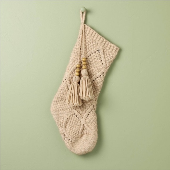 Sweater Knit Christmas Stocking with Beaded Tassel Oatmeal -  Magnolia - Picture 1 of 5
